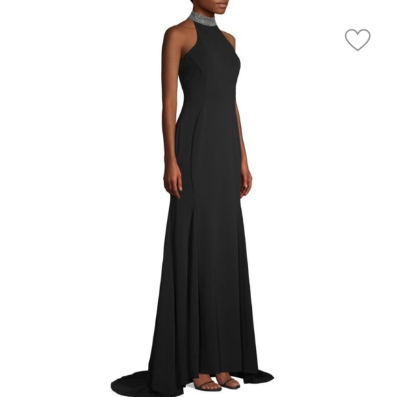 Calvin Klein Dresses & Skirts - Calvin Klein Elegant Black Halter Evening Gown Silver 12 Prom Wedding Train